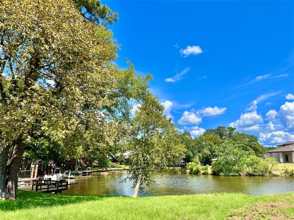 a view of a lake with houses in the background