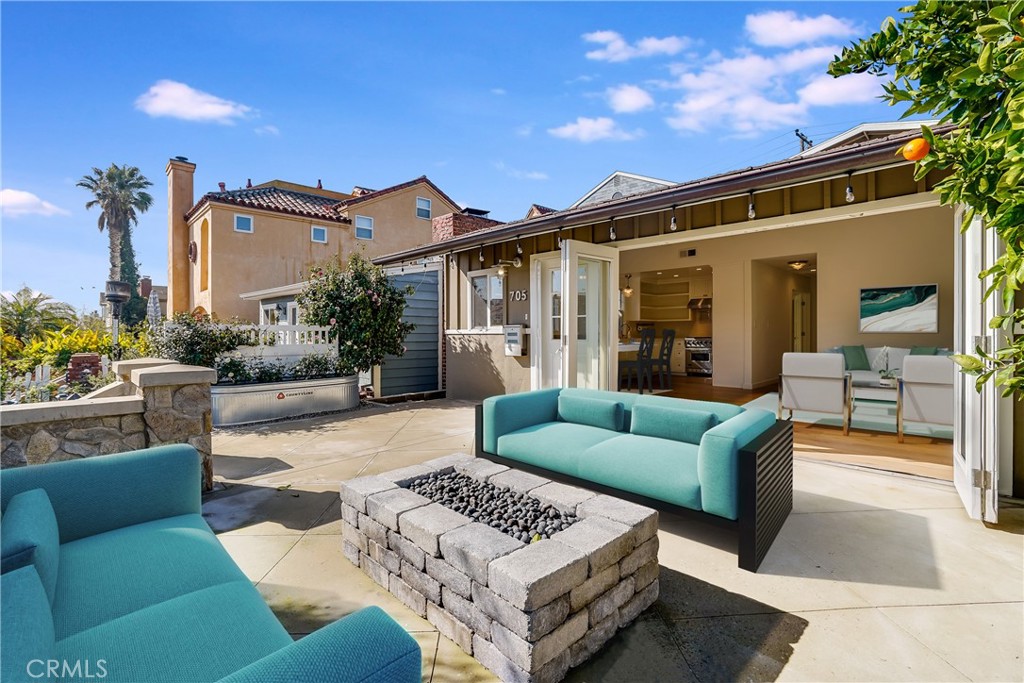 a view of a patio with couches and a potted plant on a table