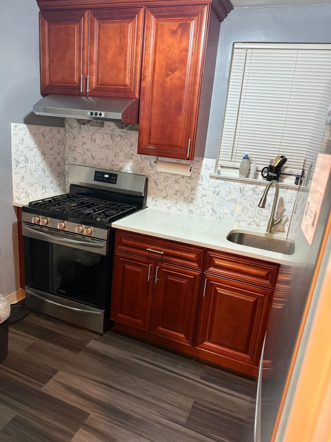 Kitchen with sink, dark hardwood / wood-style flooring, stainless steel gas stove, and backsplash