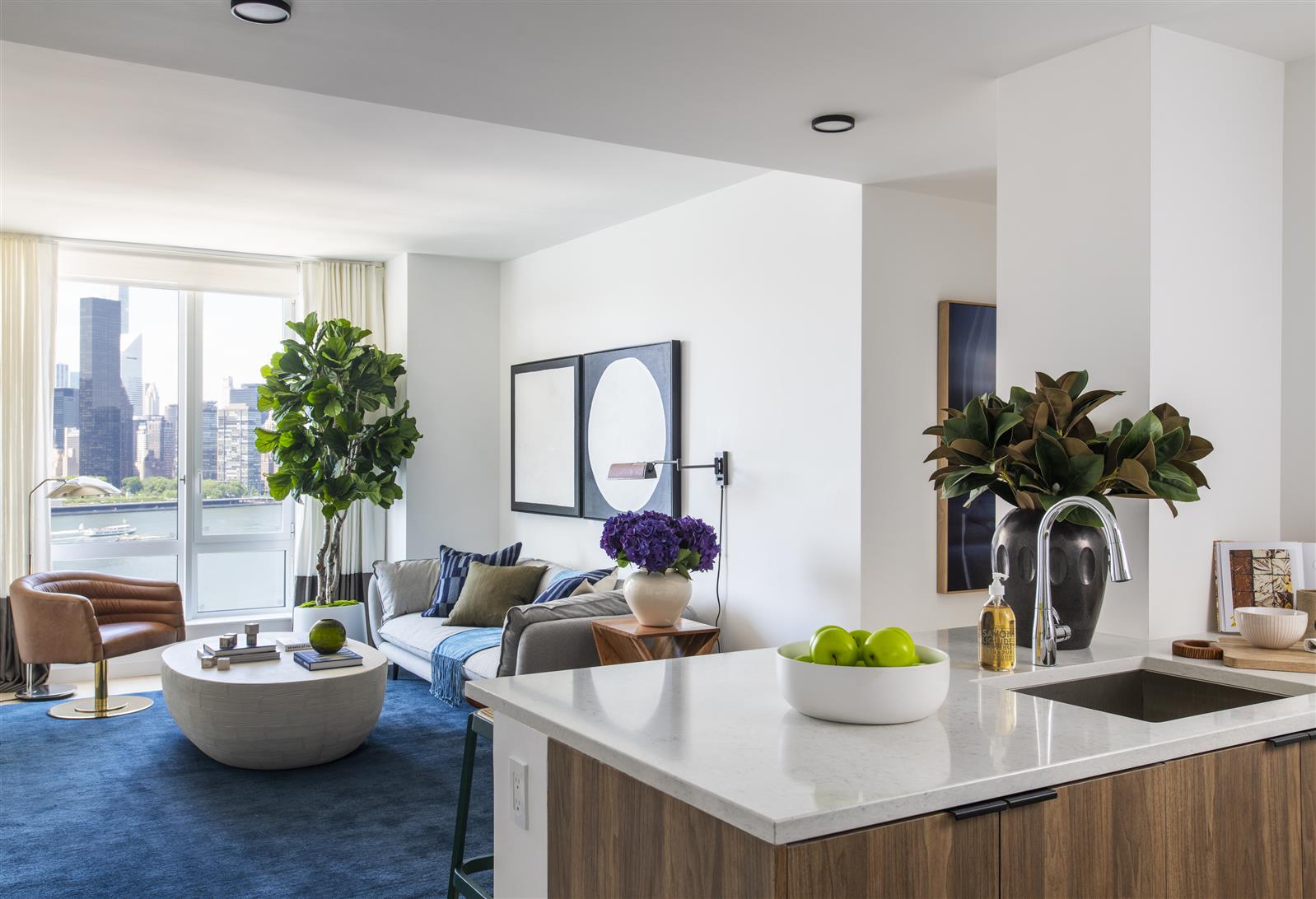 a living room with furniture and a potted plant