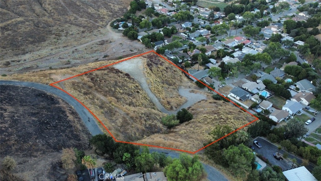 a view of a dry yard with lots of trees