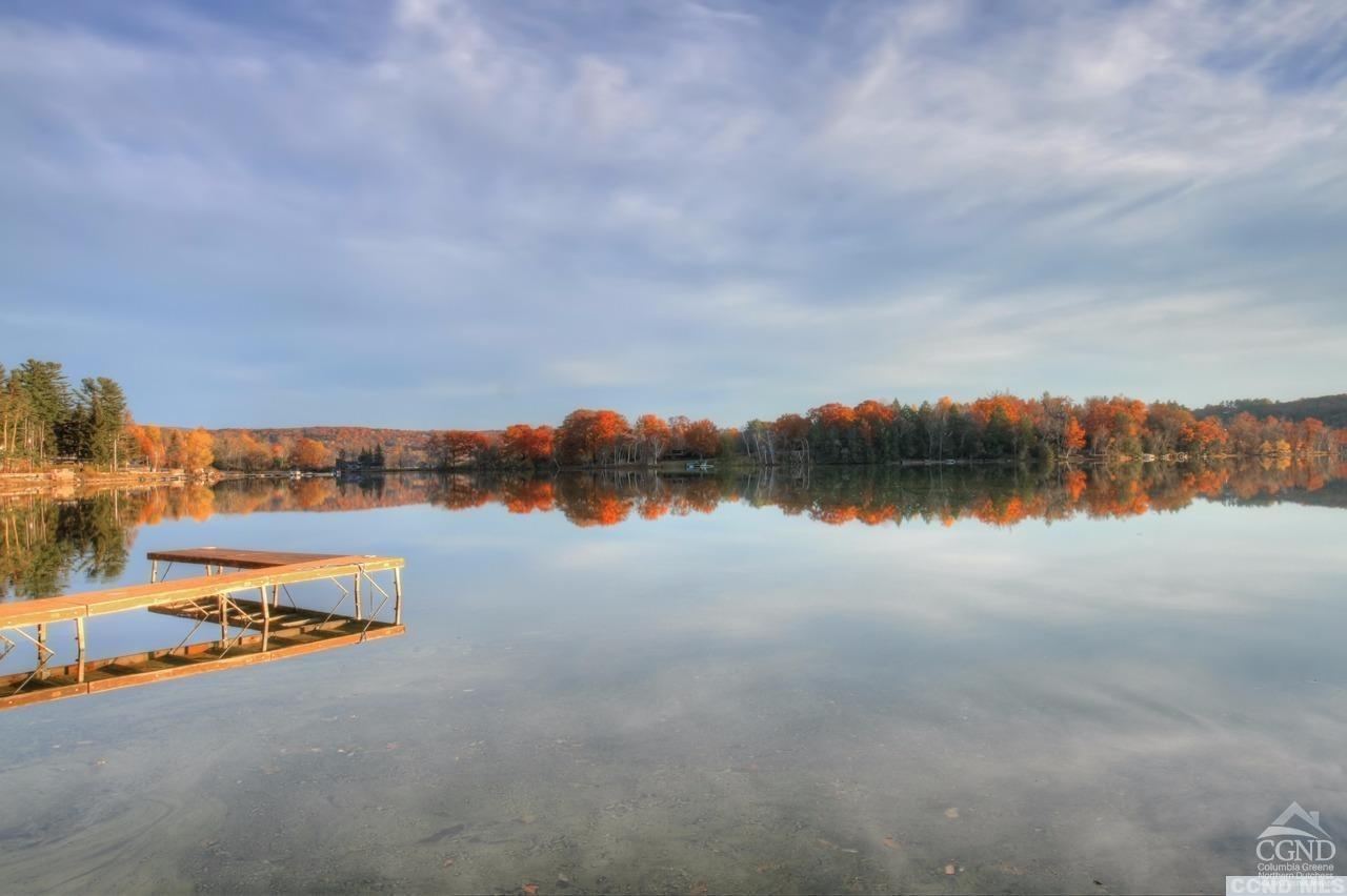 a view of a lake with houses in back