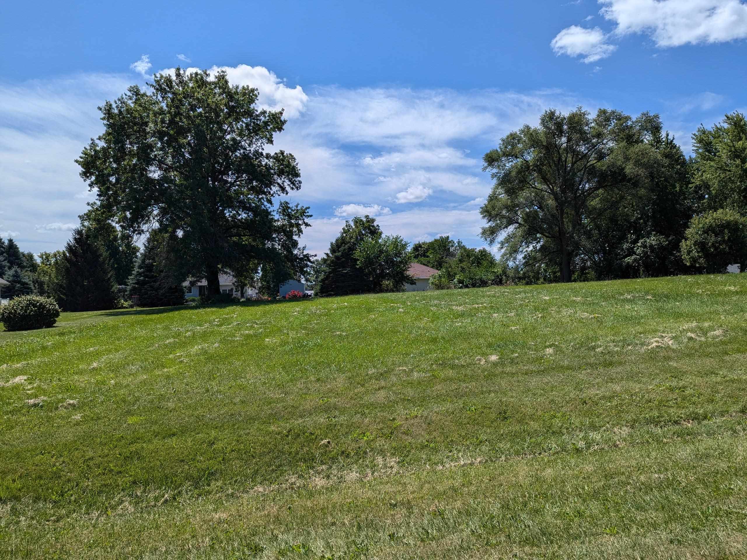 a view of green field with trees in the background