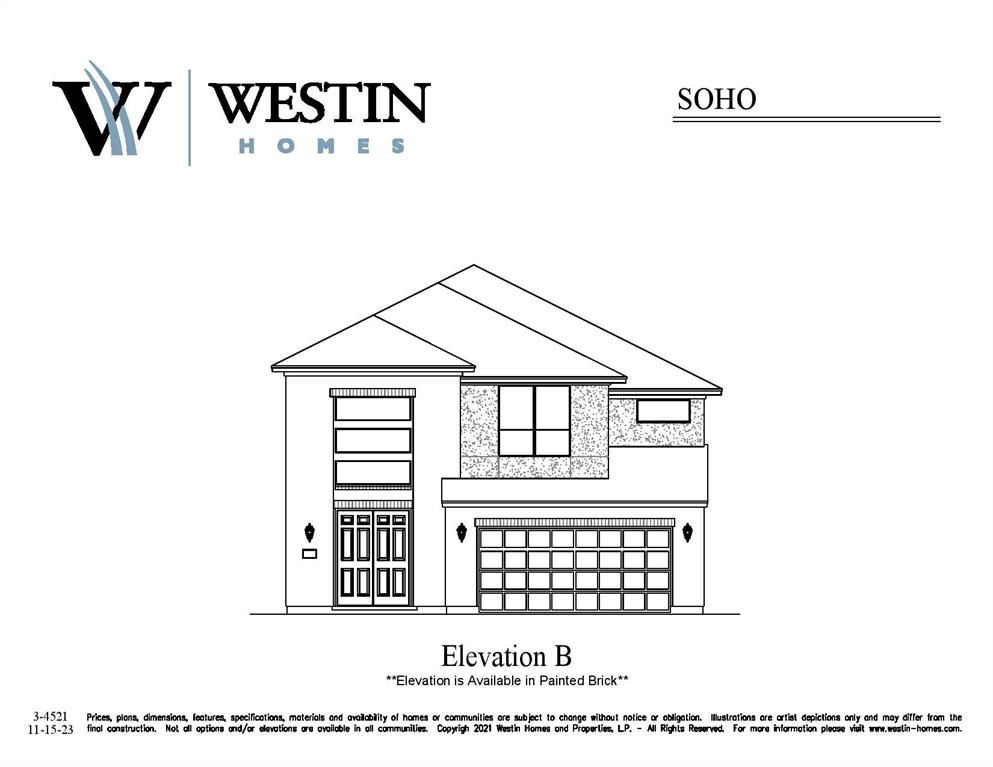 Westin Homes NEW Construction (Soho, Elevation B) CURRENTLY BEING BUILT. Two story. 4 bedrooms. 3.5 baths. Spacious island kitchen open to Informal Dining and Family Room. Primary suite with large double walk-in closets. Three additional bedrooms and game room and media room upstairs. Covered patio with 3-car tandem garage.