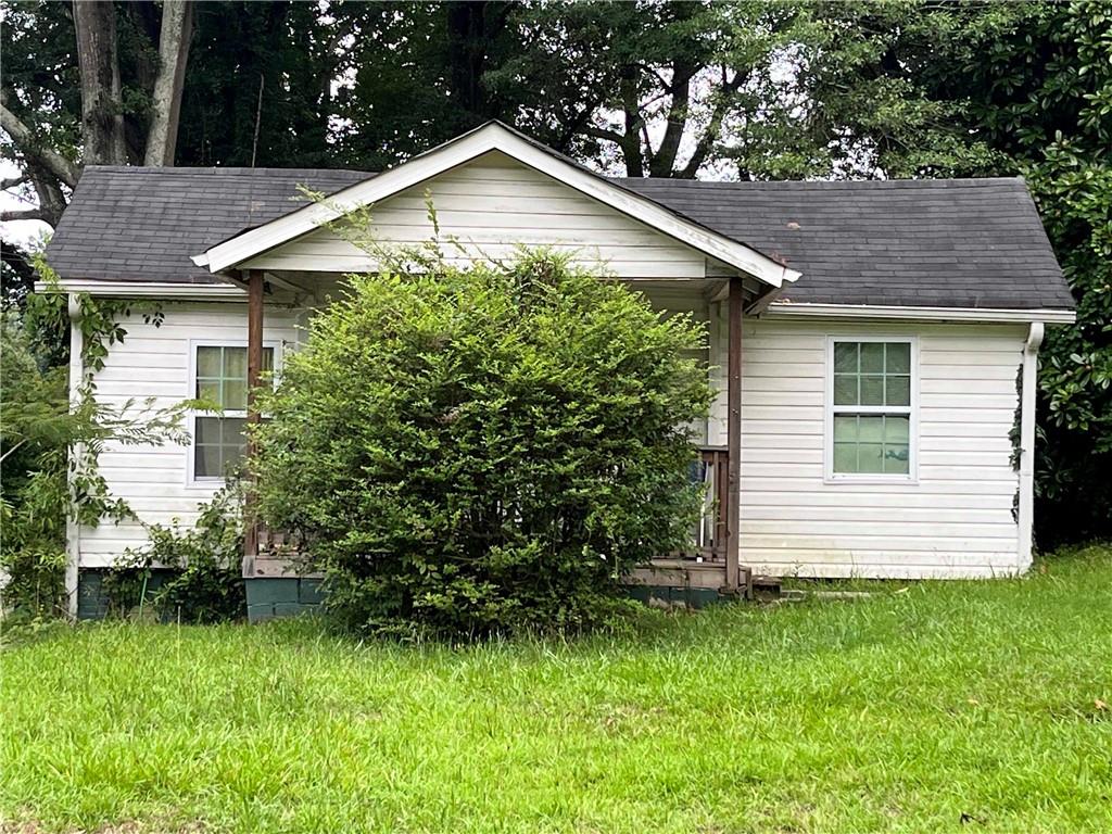 a backyard of a house with plants and large tree