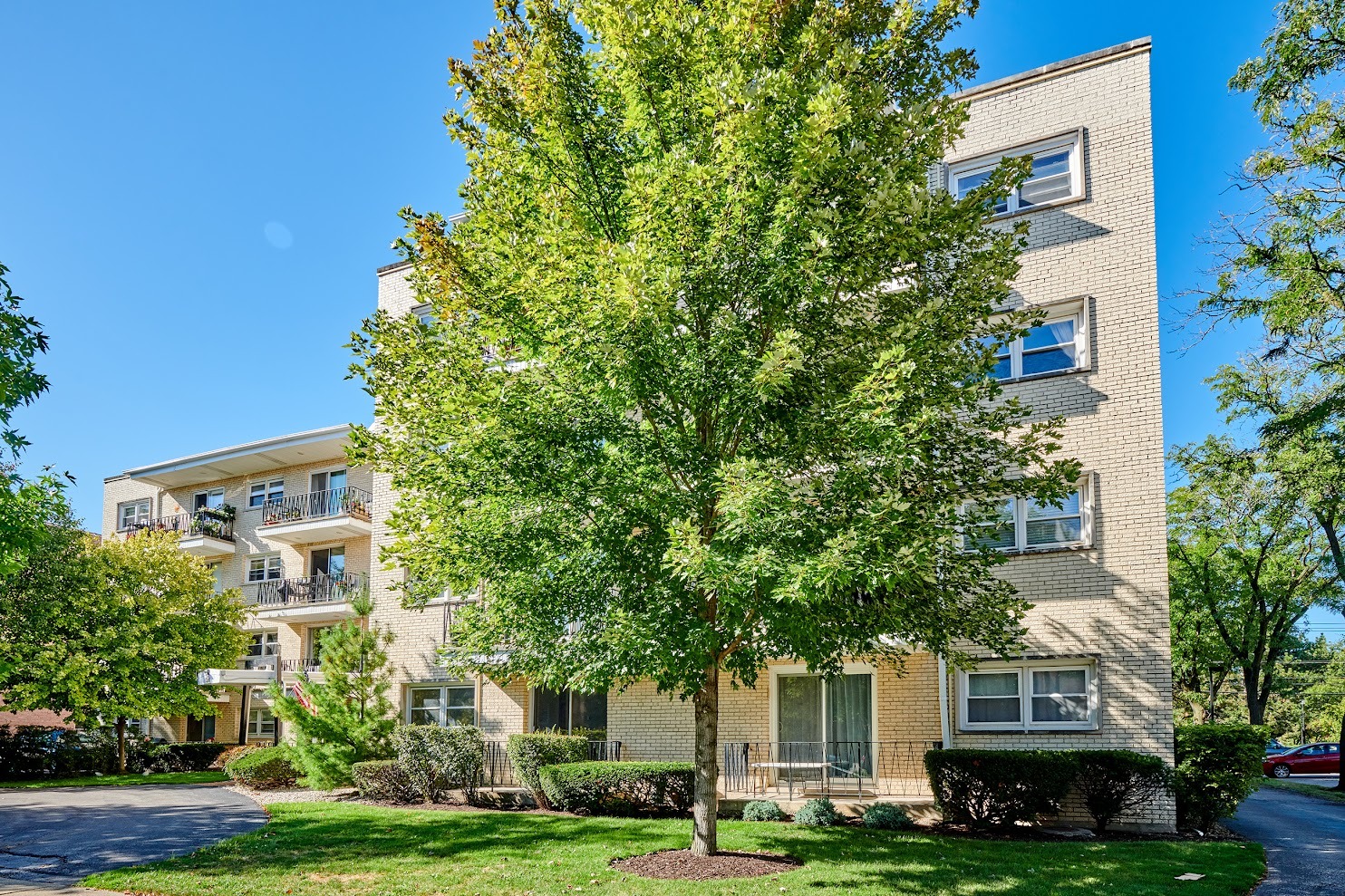 a front view of a building with trees