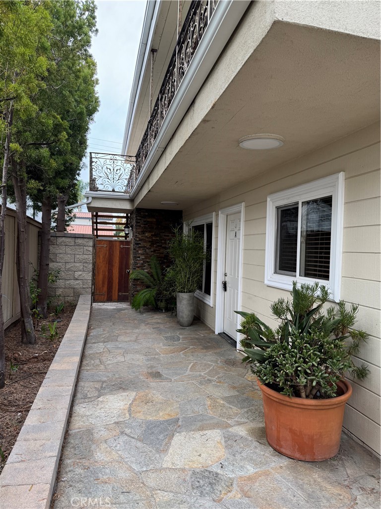 a view of a house with potted plants