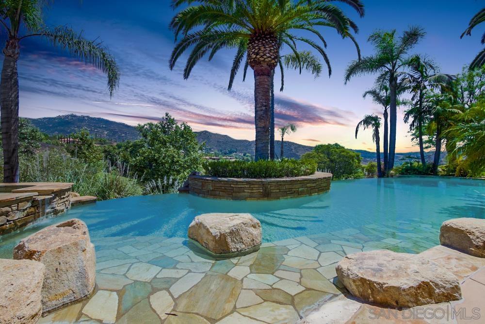 a view of a backyard with table and chairs potted plants and palm trees