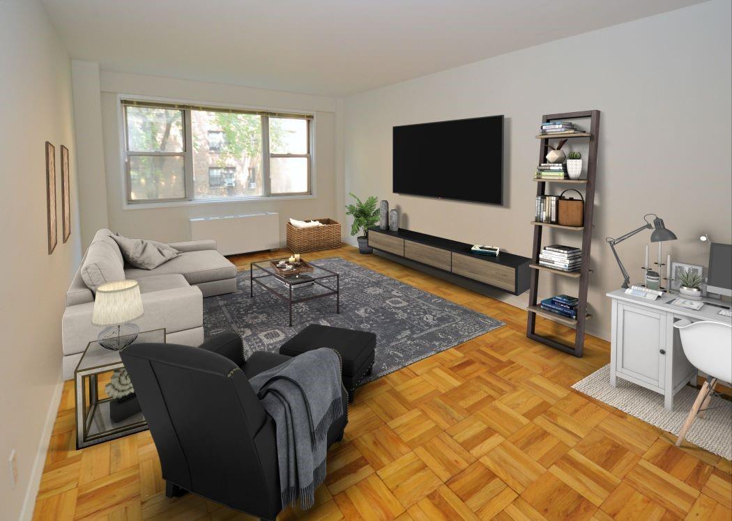 The living room has parquet floors, has been freshly painted and opens to the dining area,  The living room is 20'-0" x 12'-1"  and the dining area is an extra 10'-0" x 8'-0". Photo visually staged