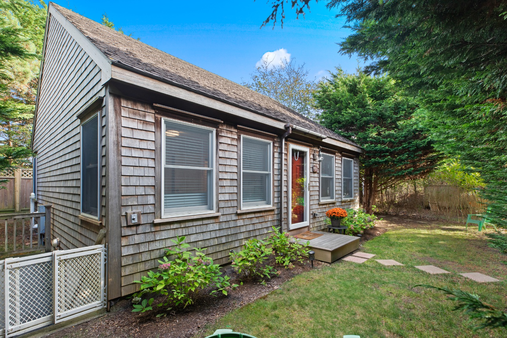 a backyard of a house with plants and tree