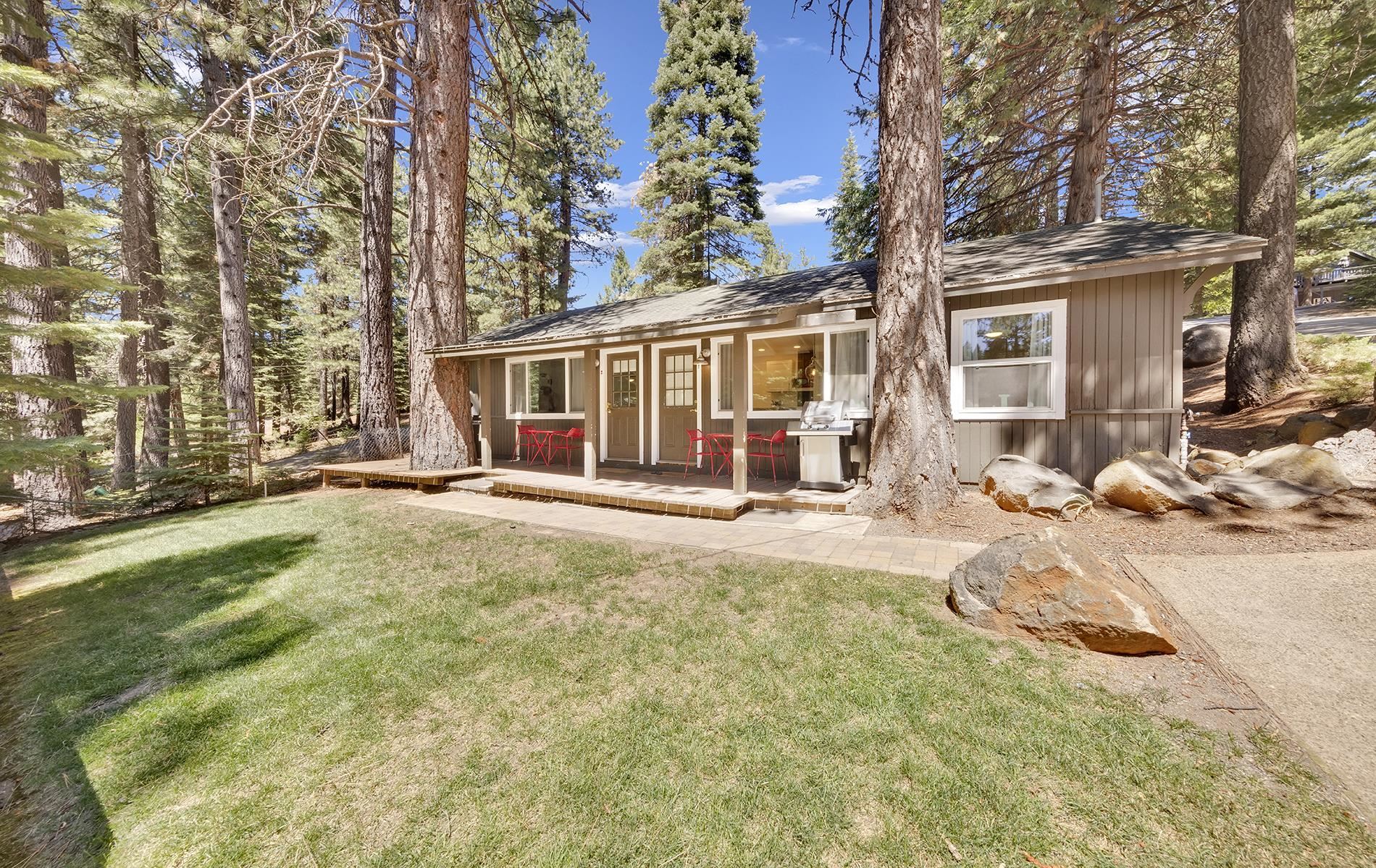 front view of a house with a patio