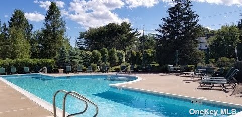 a view of swimming pool with outdoor seating and trees in the background