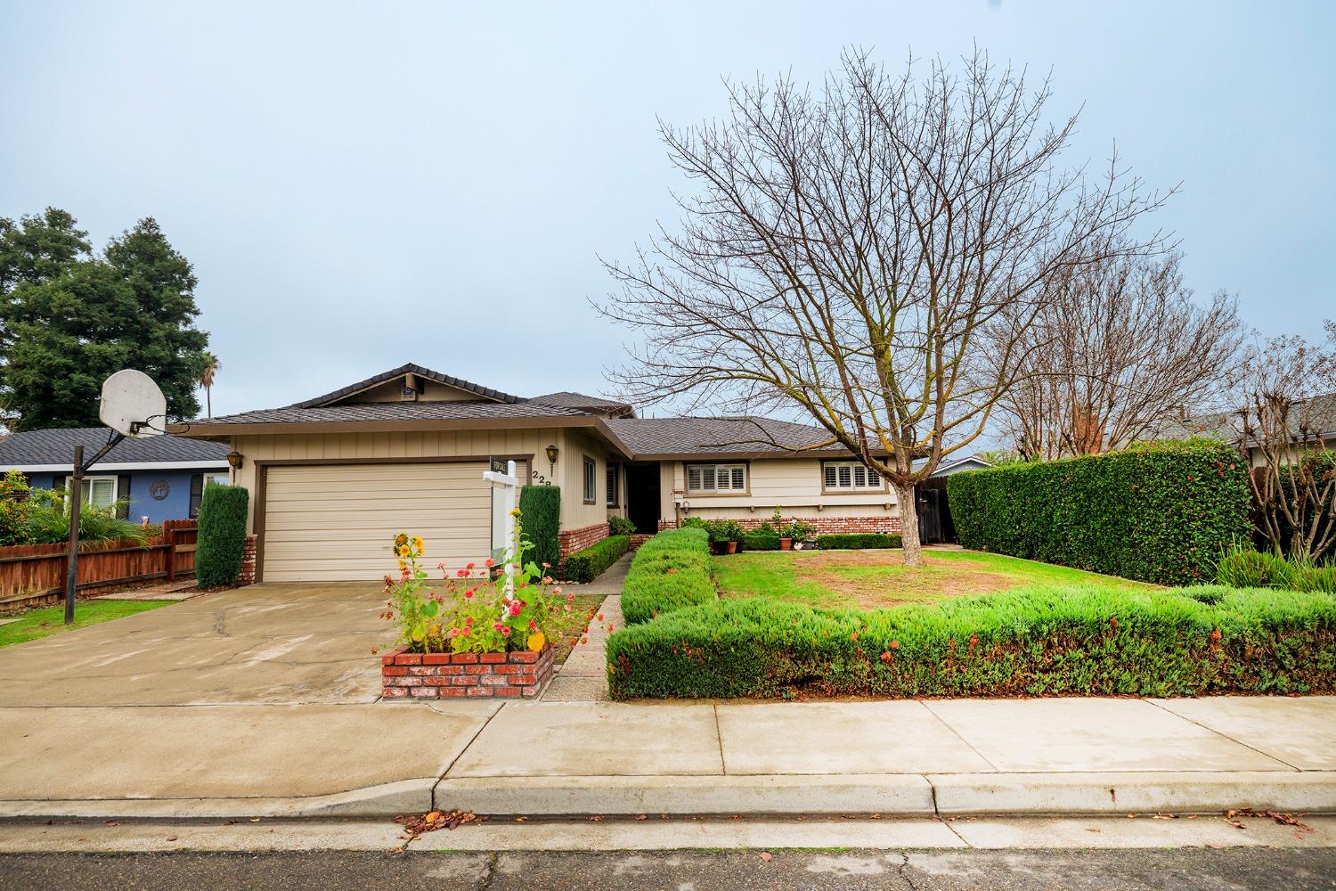 a front view of a house with garage and plants