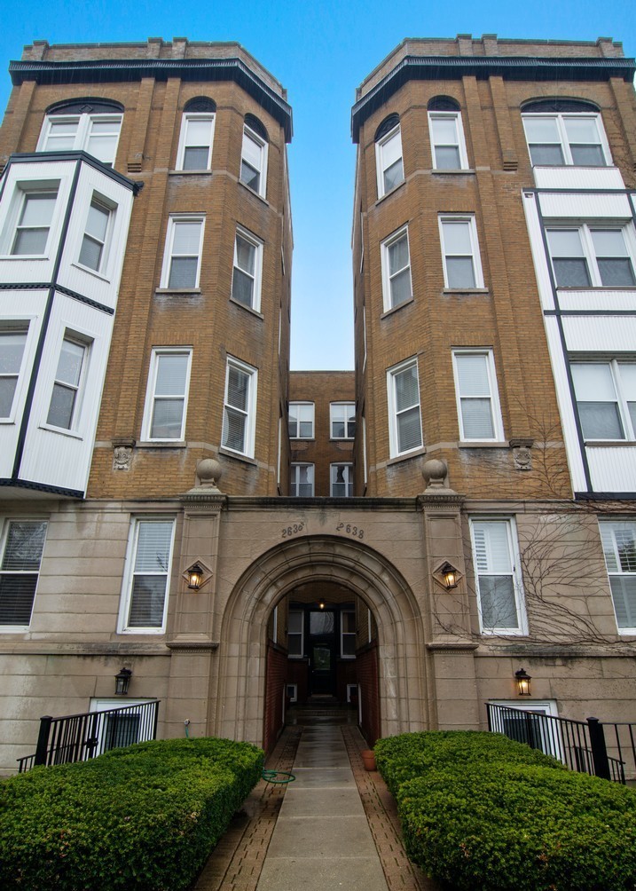 a front view of a brick building