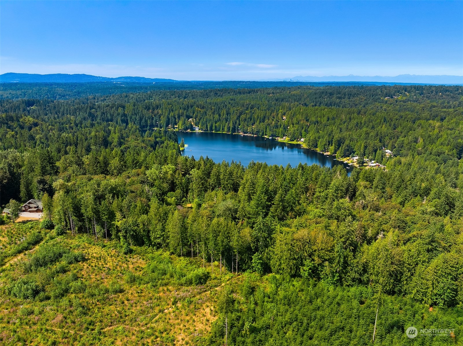 a view of a lake with a city