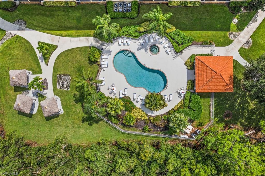 an aerial view of a swimming pool