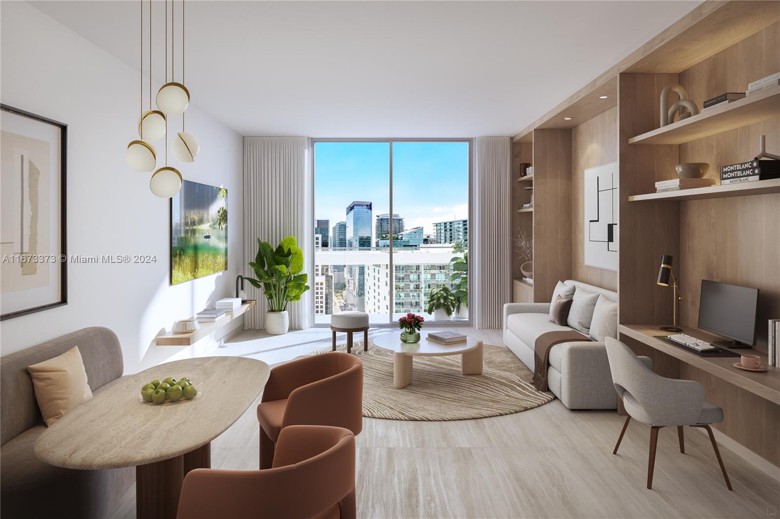 a living room with furniture and a floor to ceiling window