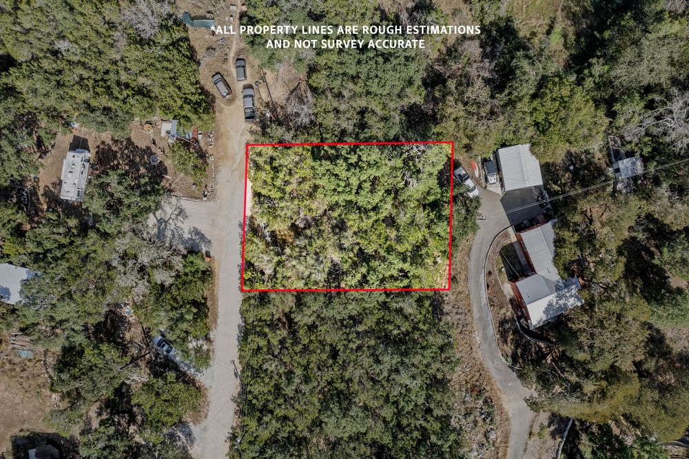 an aerial view of a house with a yard and large trees