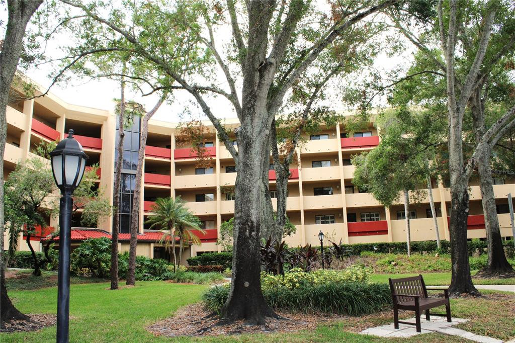 a front view of building with yard