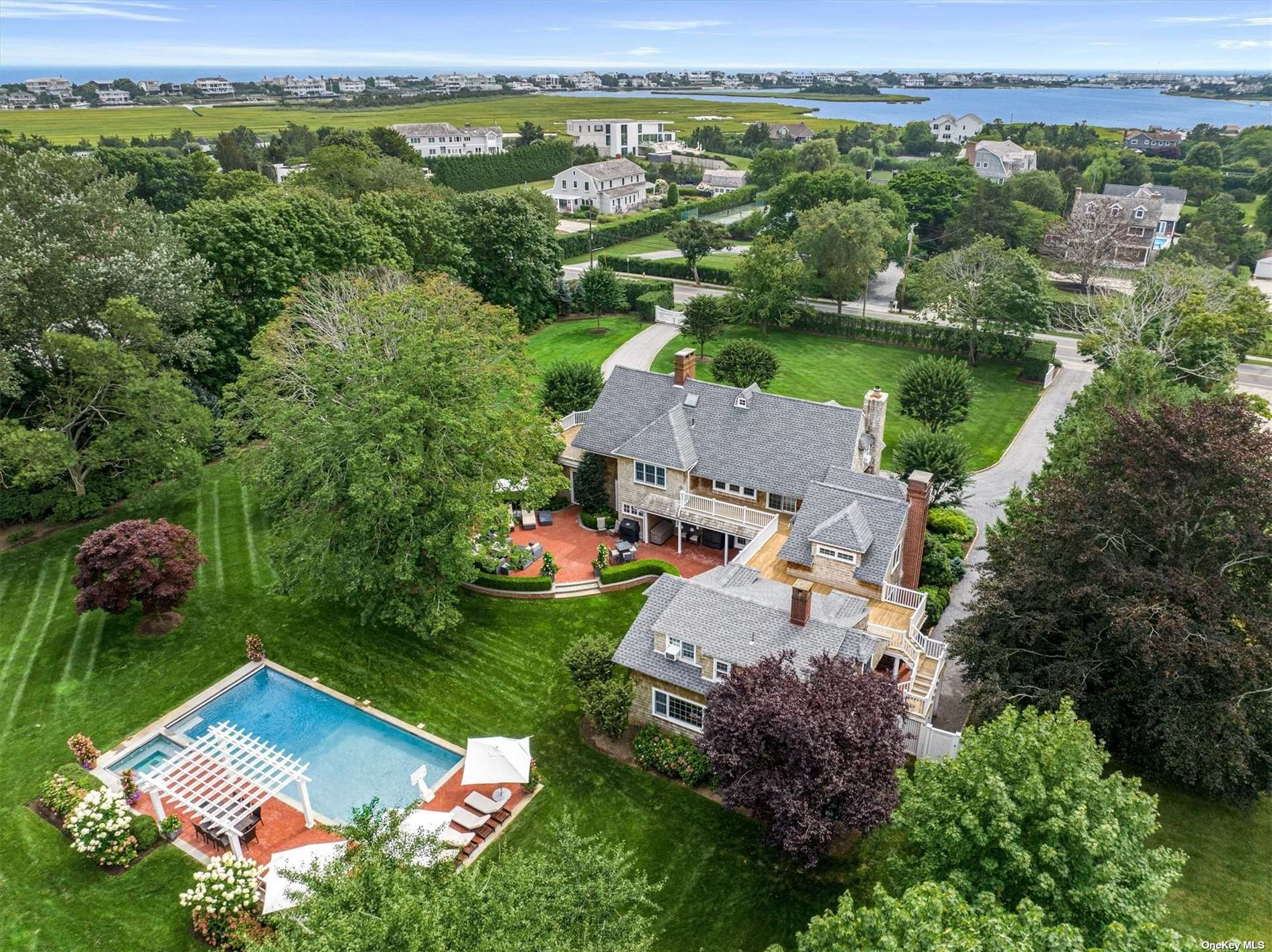 an aerial view of a house with a garden