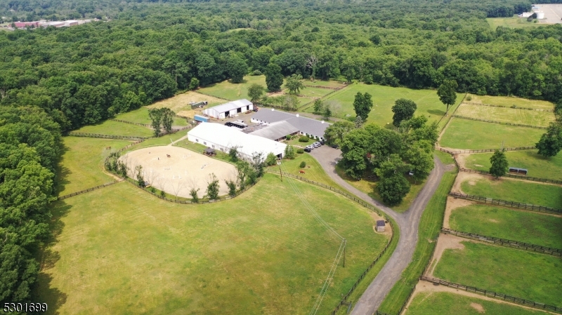 an aerial view of a swimming pool