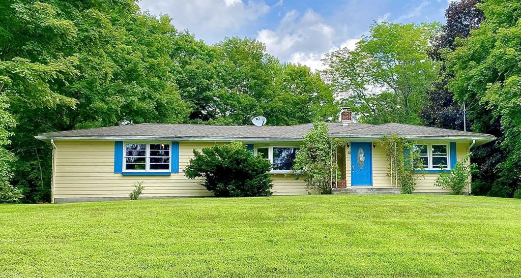 a front view of house with yard and green space