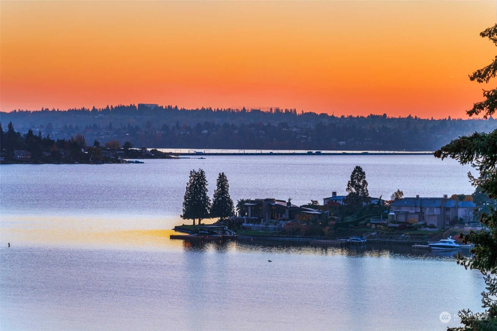 a view of a lake in middle of the town