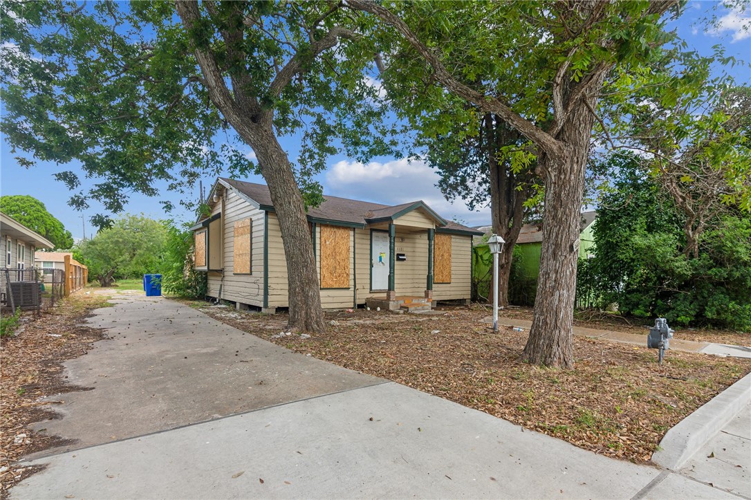 a front view of a house with a tree