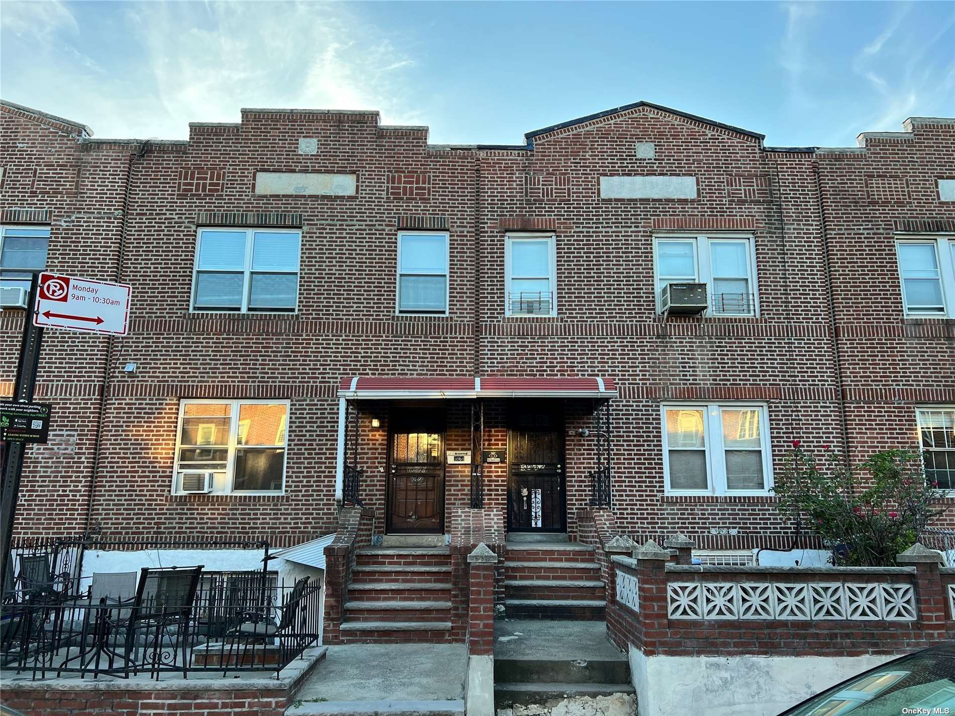 a front view of a brick building