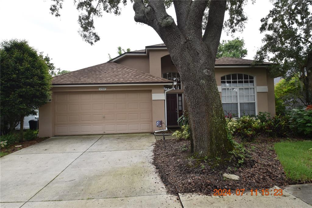 a view of a house with a large tree and a yard