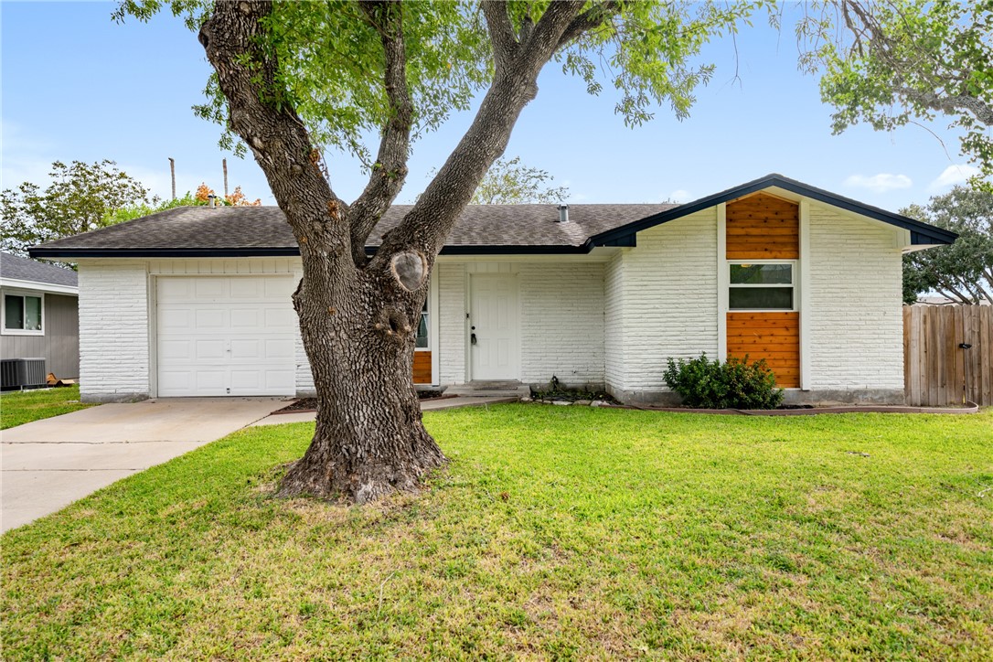 a tree in the garden of a house