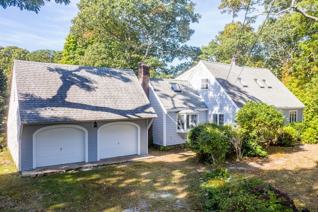 a view of a house with a yard plants and large tree