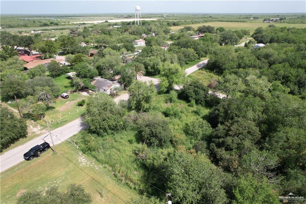 an aerial view of residential houses with outdoor space and trees