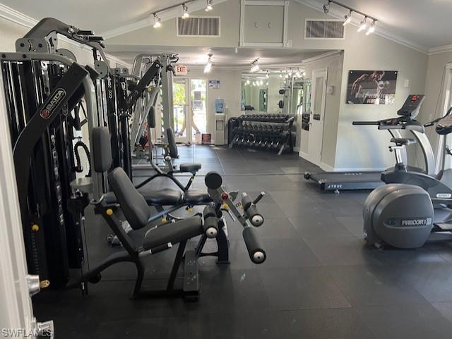 Gym with lofted ceiling, crown molding, and rail lighting