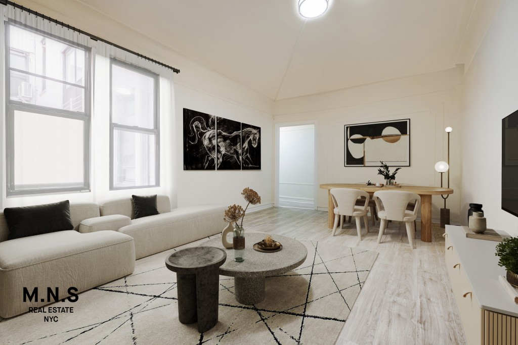 a living room with furniture two large window and a dining table with wooden floor