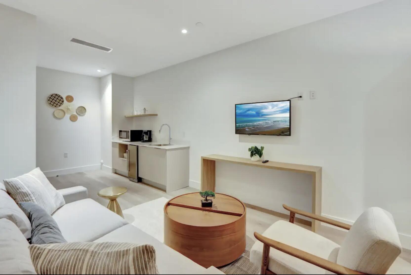 a living room with furniture and a potted plant