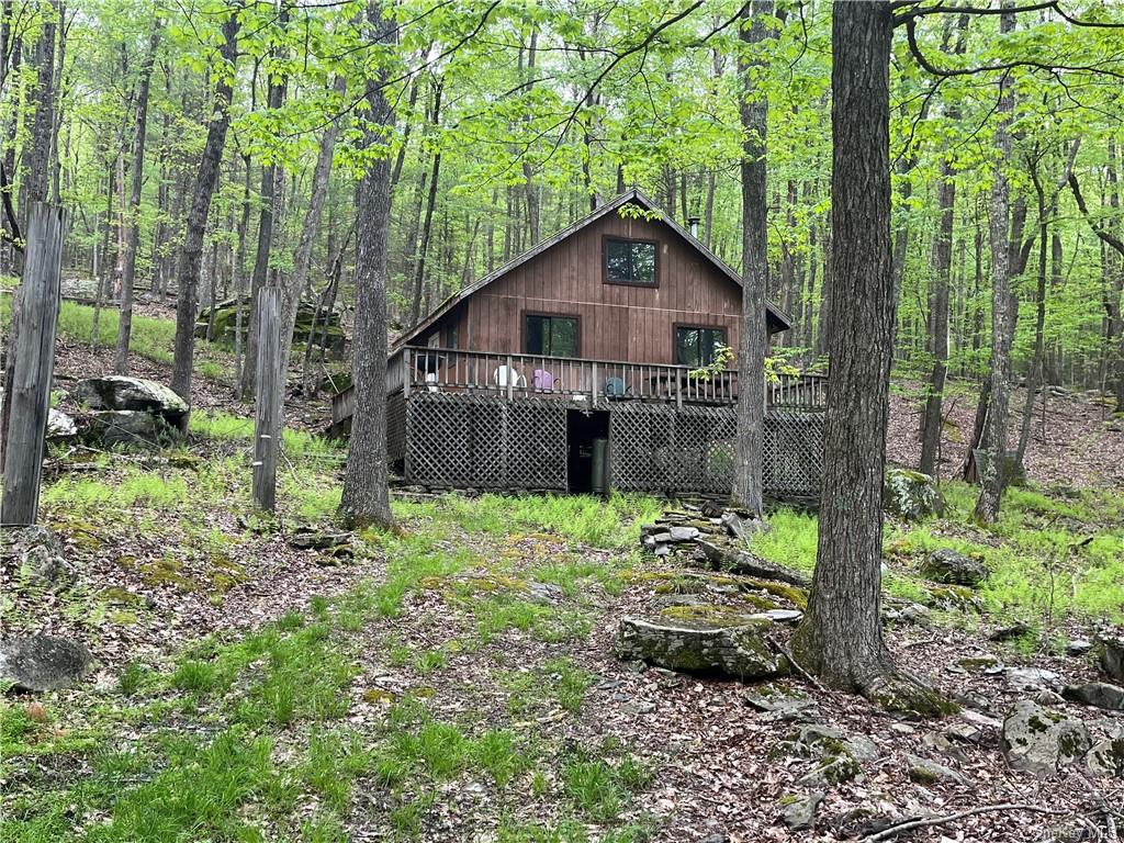 a small barn in middle of the forest