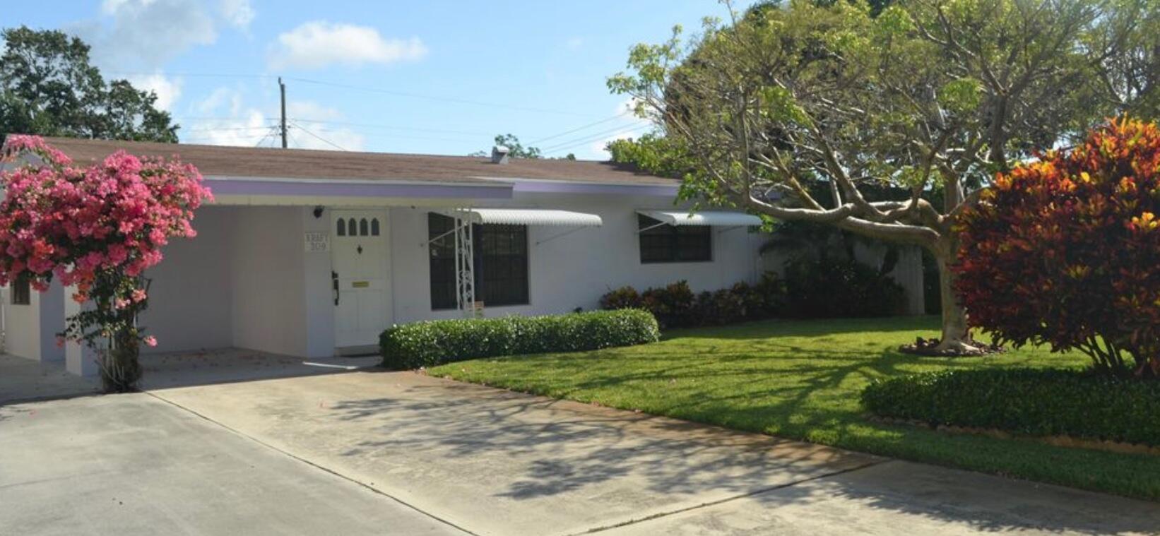 a view of a house with small yard plants and a large tree