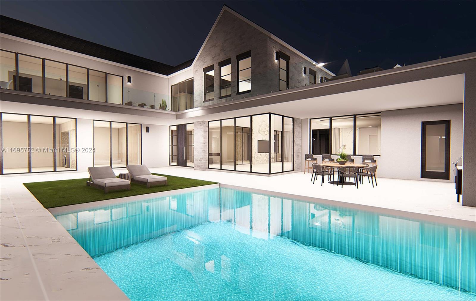 a view of a house with swimming pool and porch with furniture