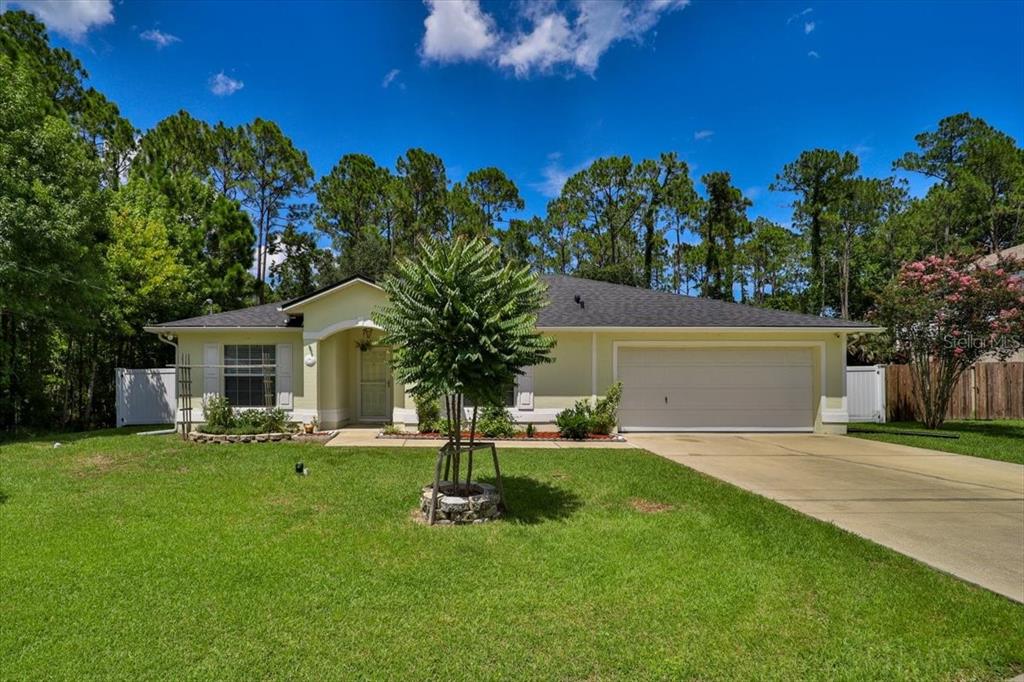 a front view of a house with a yard and tree