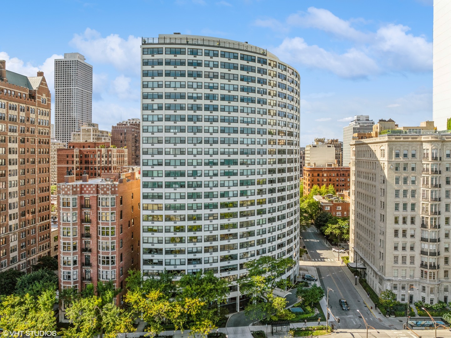 a view of a city with tall buildings