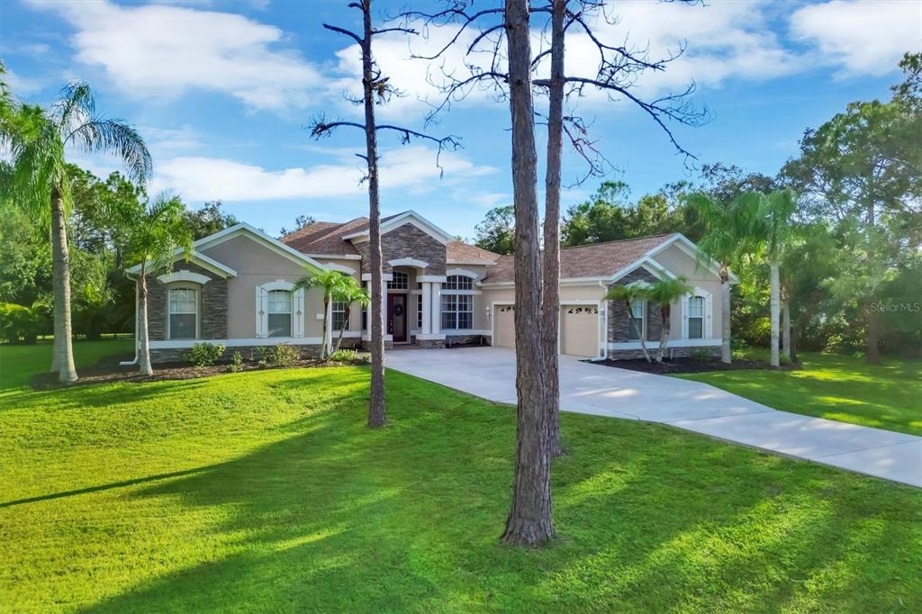 a front view of house with yard and green space