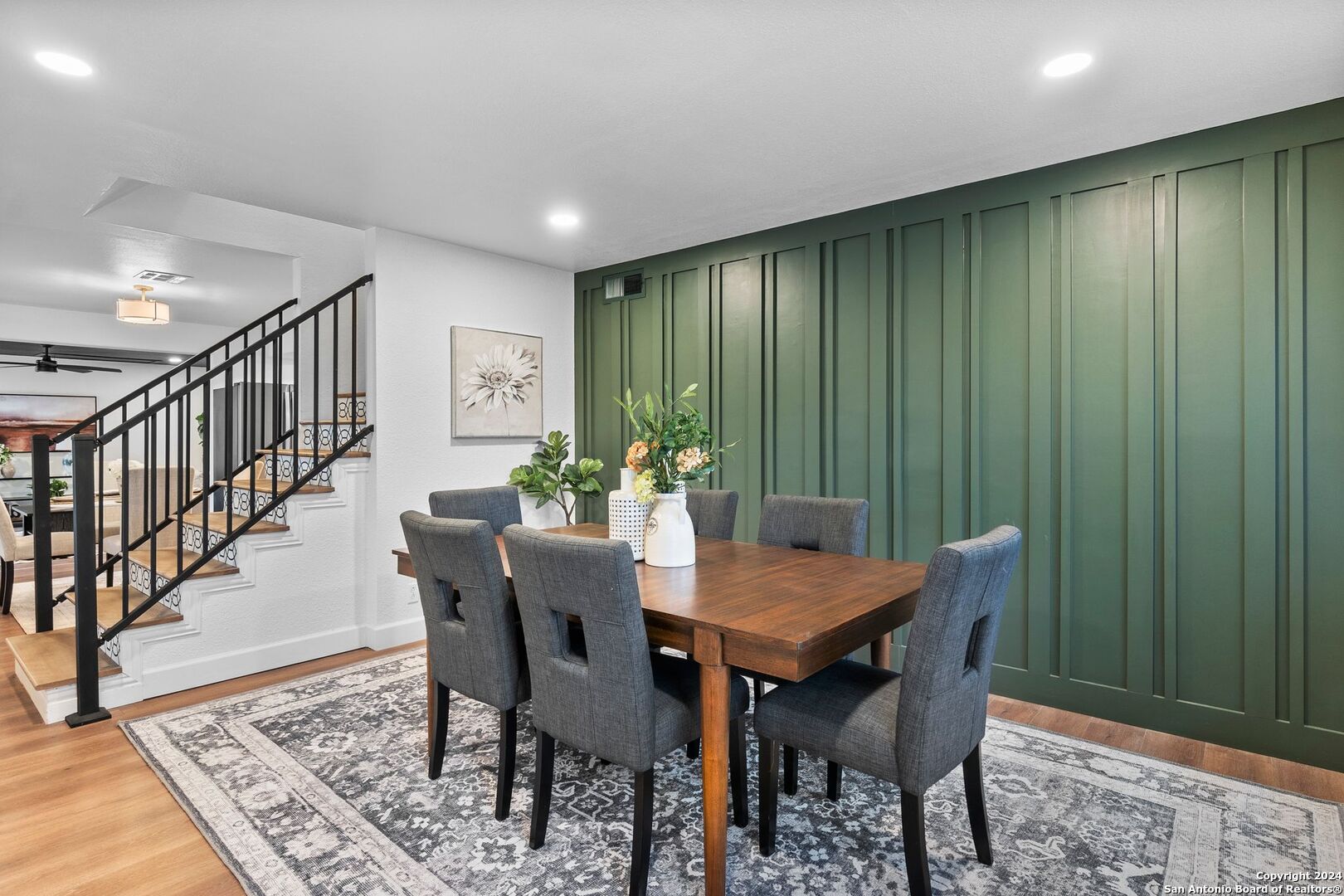 a view of a dining room with furniture