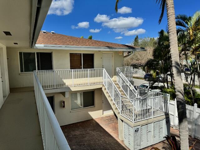 a view of a deck with a tv