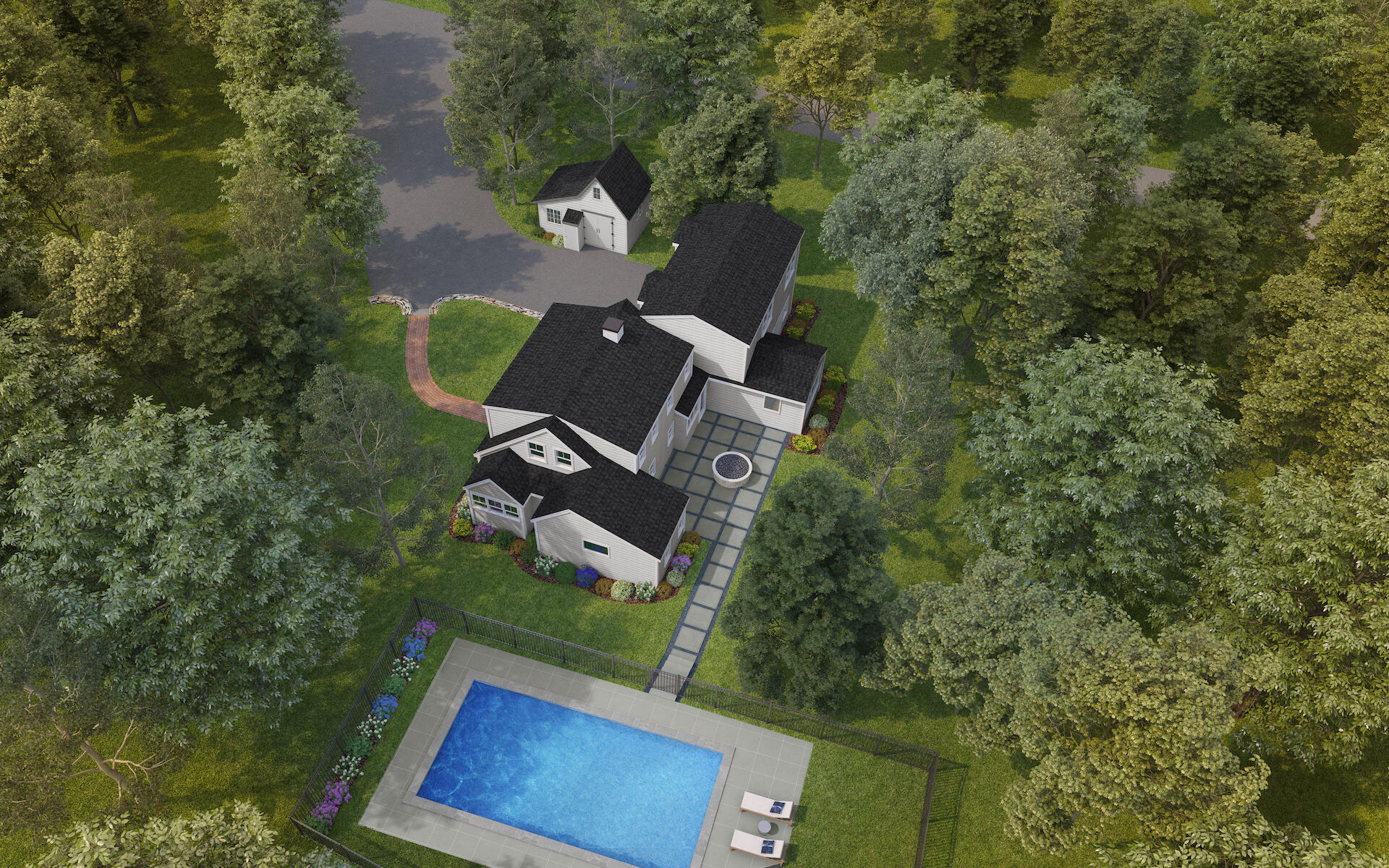 an aerial view of a house with swimming pool and garden view