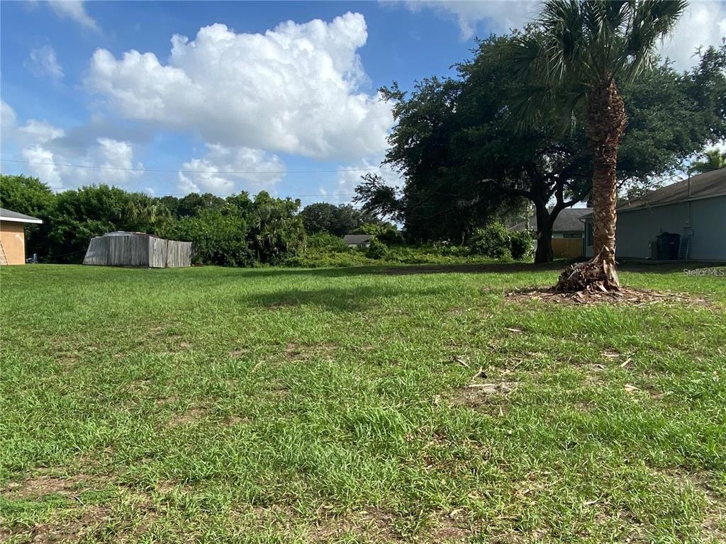 a view of a field of grass and trees