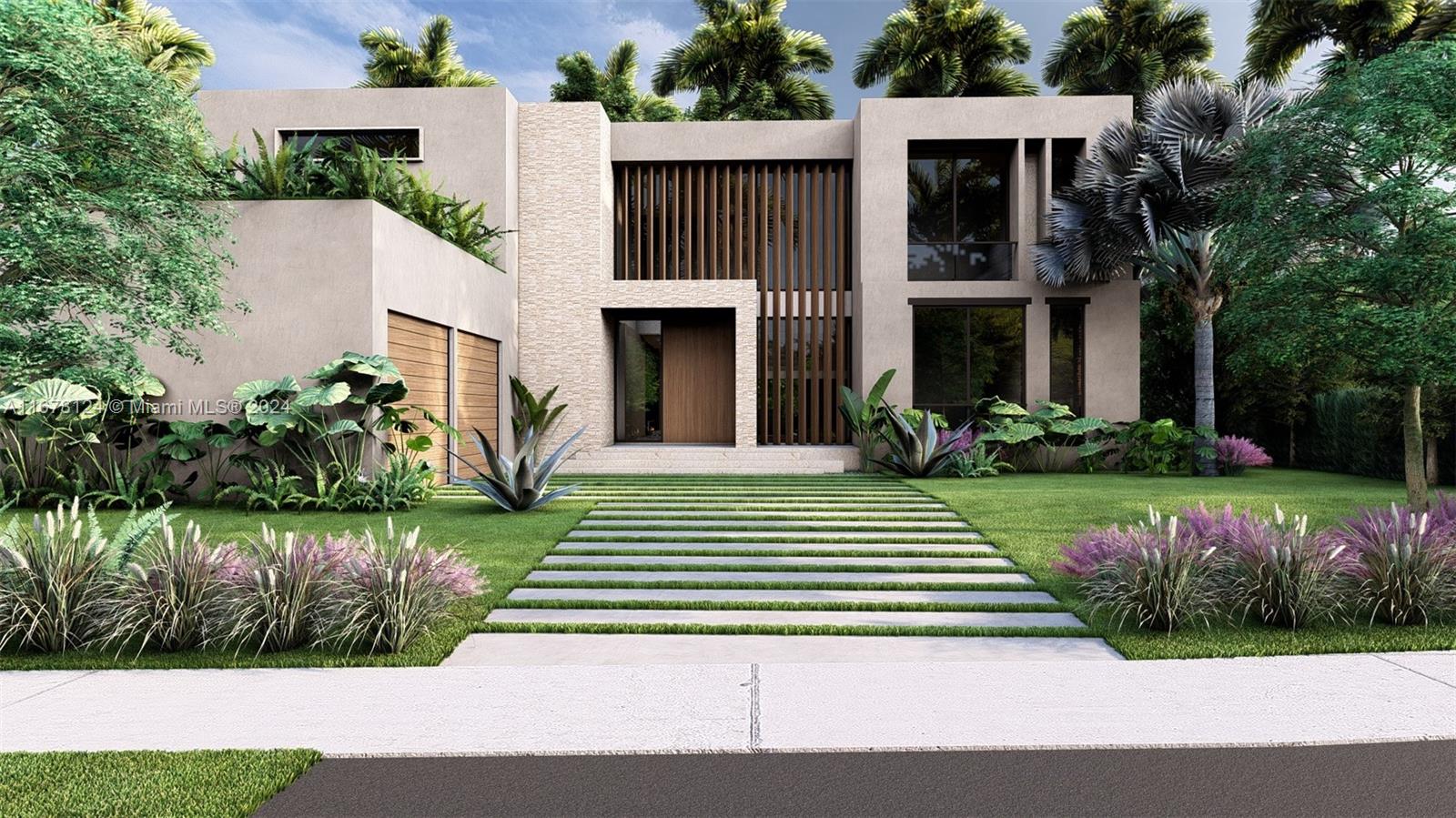 a front view of a house with a yard and potted plants