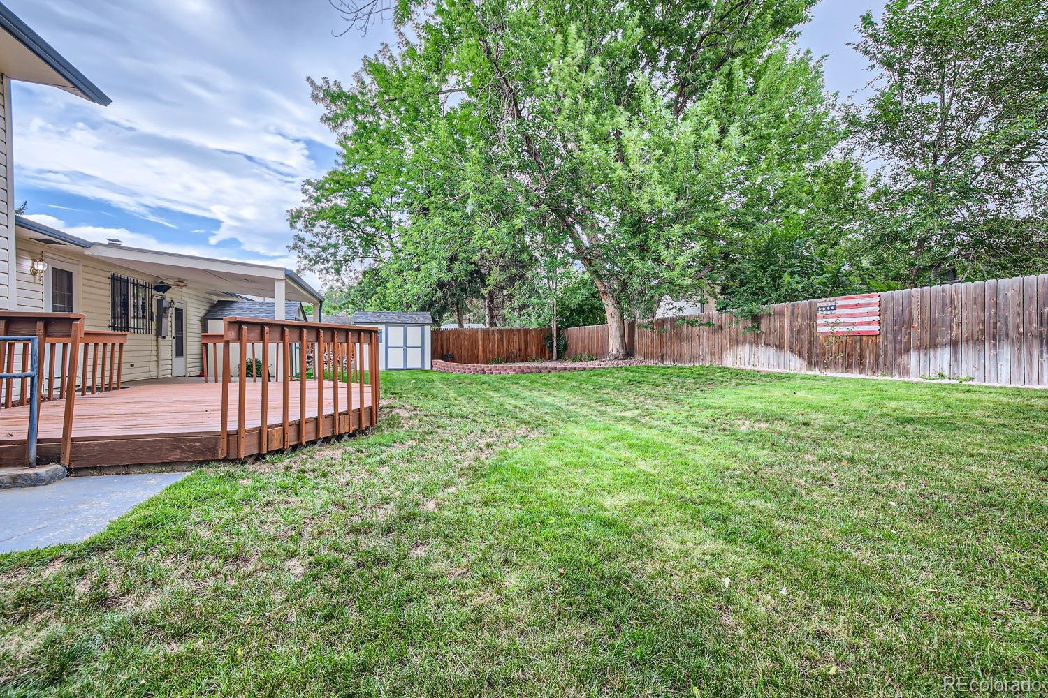 a view of a backyard with a small cabin