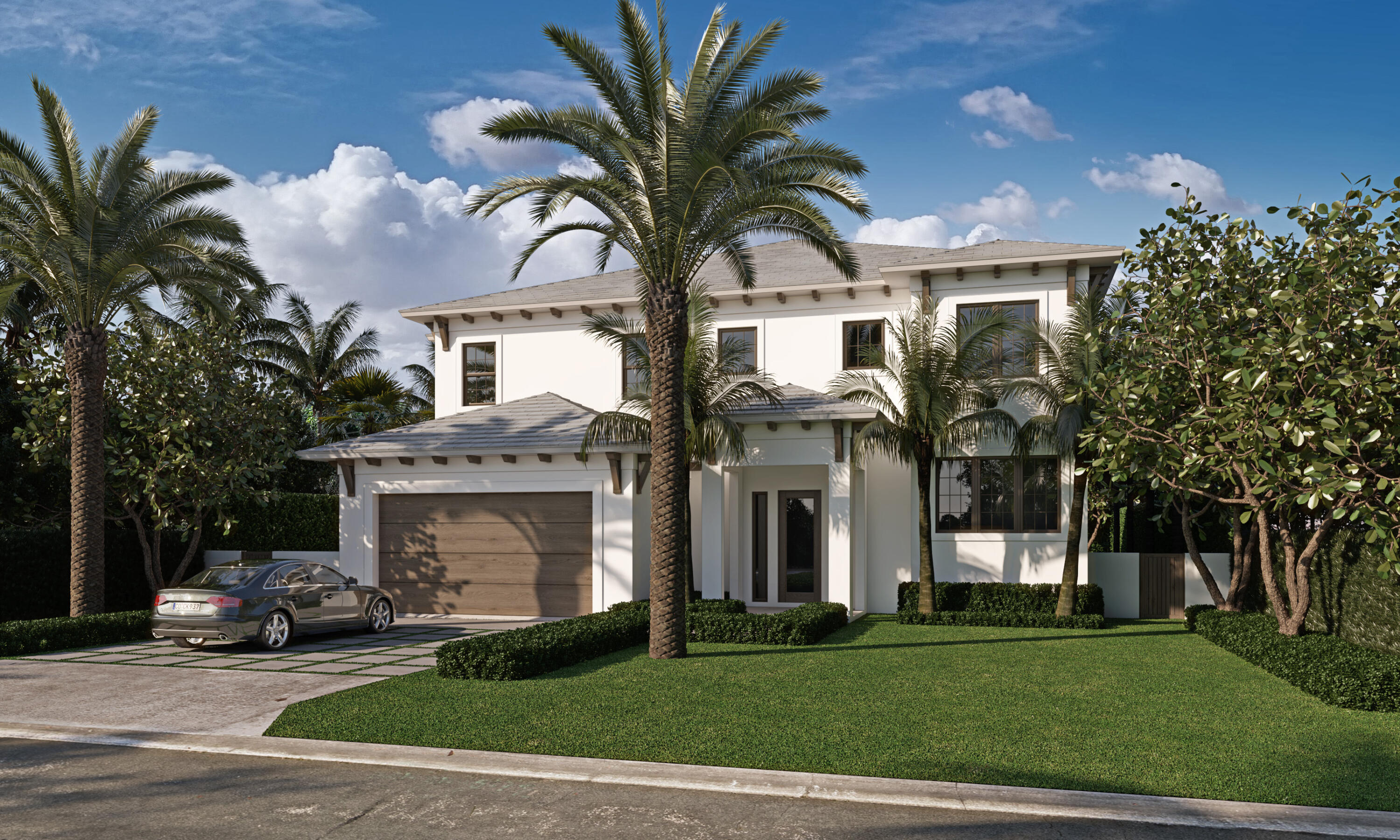 a front view of a house with a garden and trees