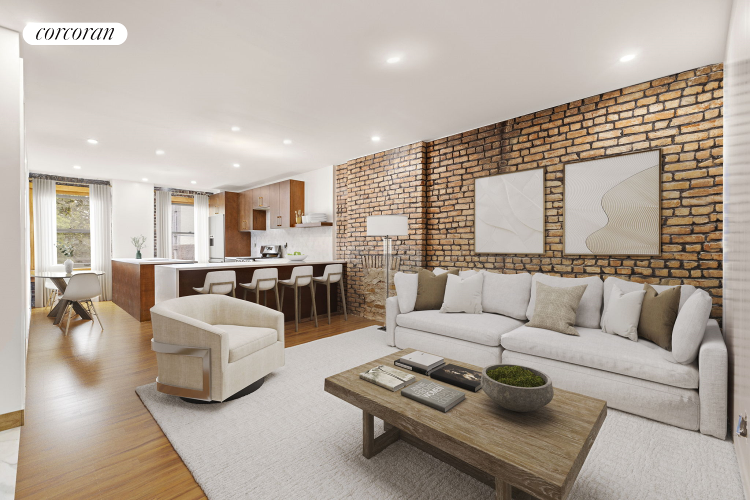 a living room with furniture and a wooden floor